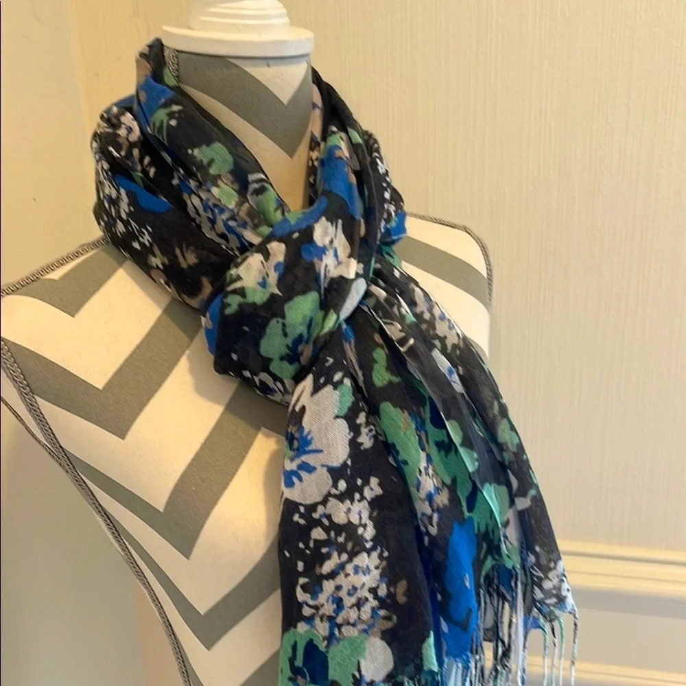 Floral Blue Black Scarf Women's Shawl Patterned Botanical Soft Lightweight Wrap